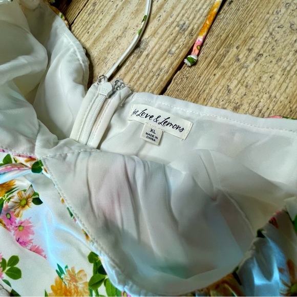 For Love & Lemons Emma Floral Mini Dress Puff Sleeve White Pink Yellow XL - Picture 5 of 7